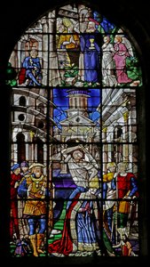 Raam met afbeelding van het Martelaarschap van Sint-Denis en Christus die aan de heilige verschijnt door French School
